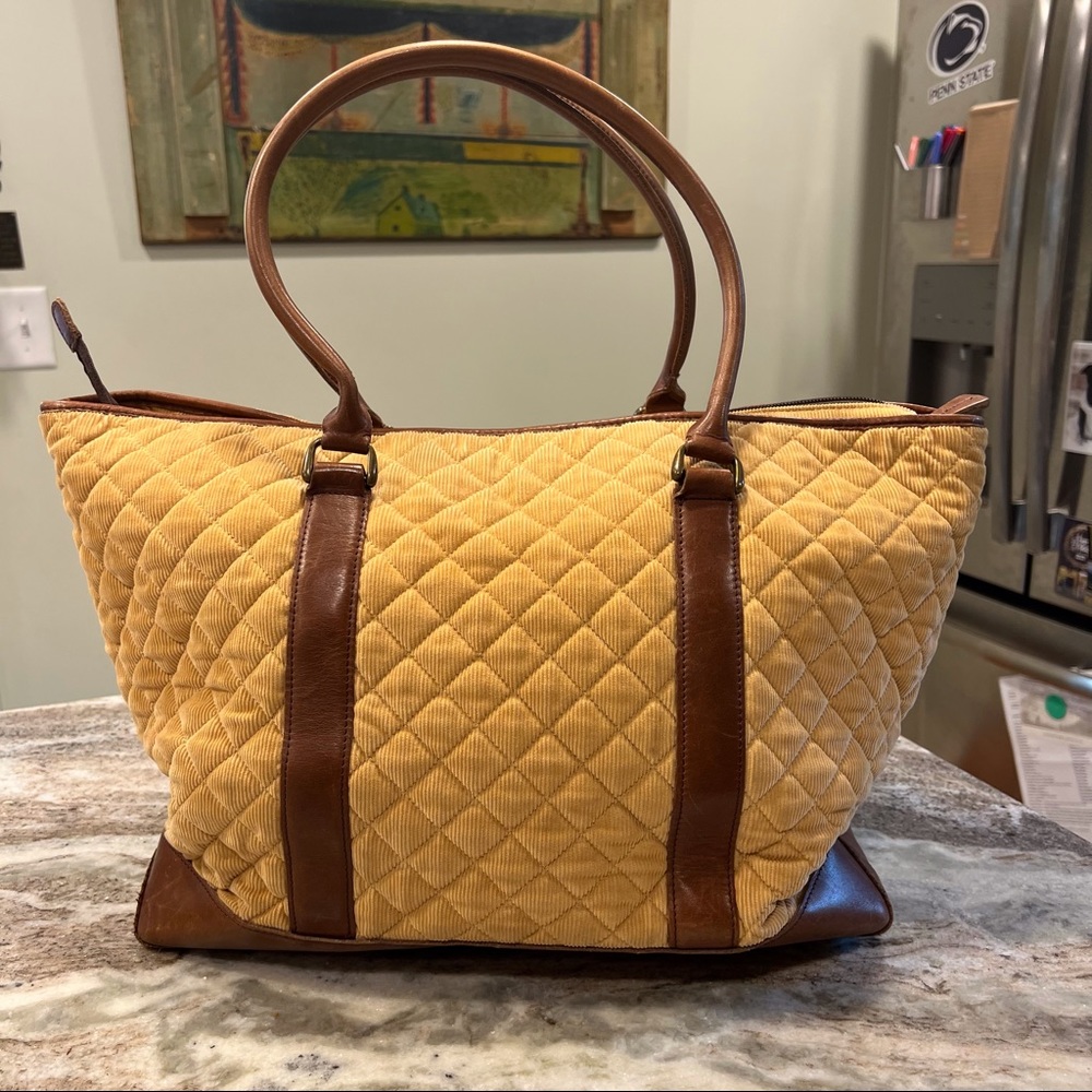 Quilted Corduroy L.L. Bean Tote Bag, tan corduroy with leather straps and base.